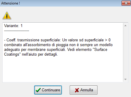Allerta notificata da WUFI® per il valore sd in relazione al coeff. di assorbimento d'acqua.